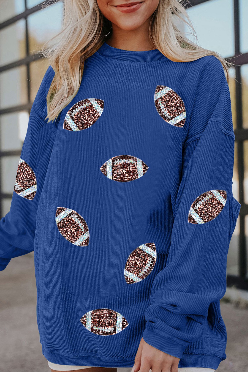 Dark Blue 3D Ribbed Texture Sequin Rugby Patched Baggy Sweatshirt - loveforevers