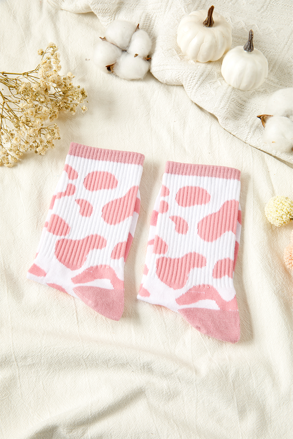 Pink Cow Print Ribbed Detail Crew Socks - loveforevers