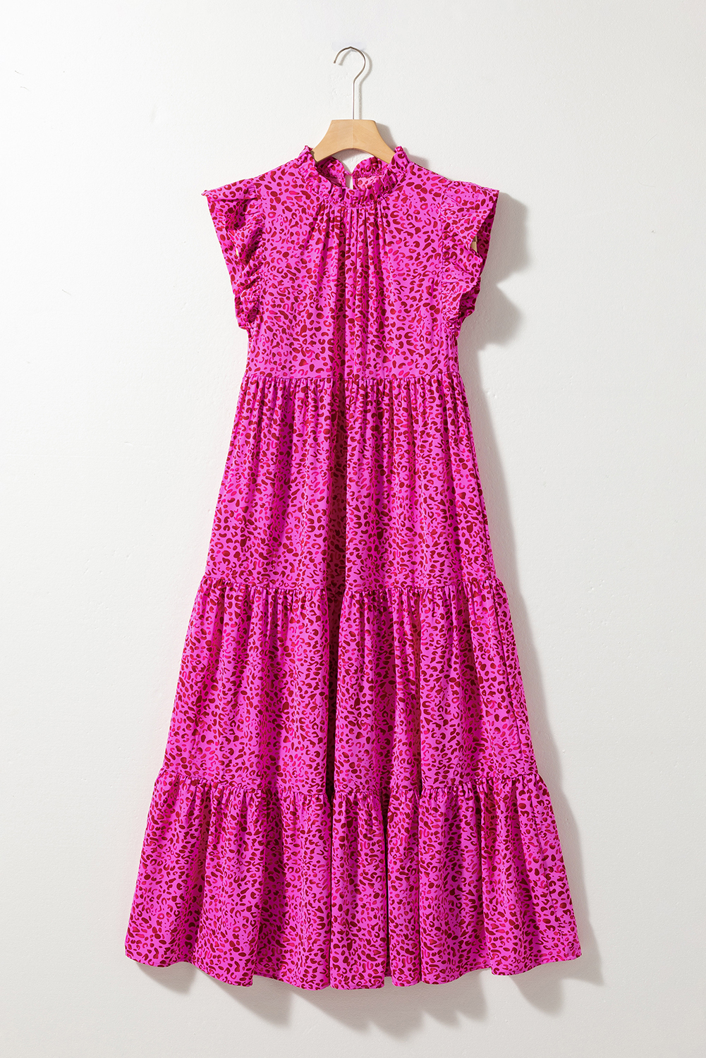 Rose Red Leopard Print Ruffled Trim Tiered Maxi Dress - loveforevers