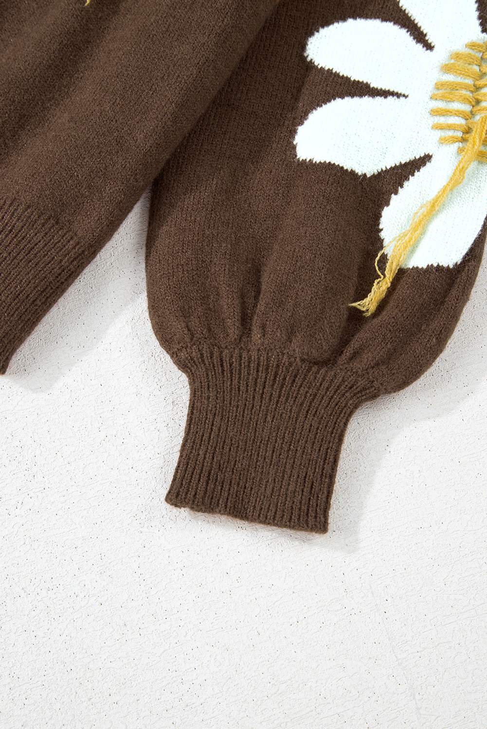 Coffee Big Flower Pattern V Neck Drop Shoulder Sweater - loveforevers