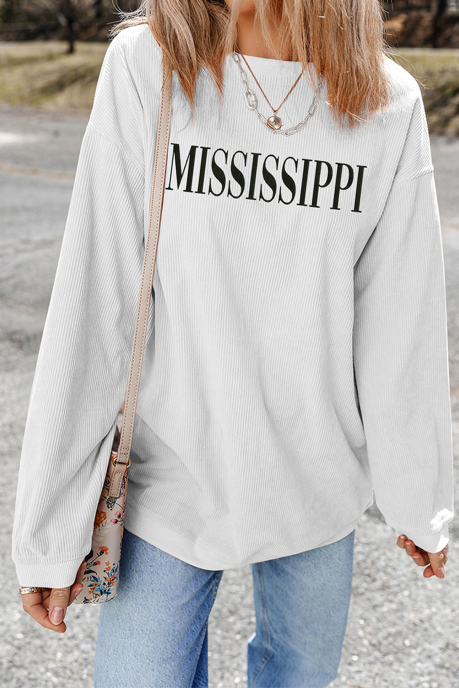 White Raised Rib MISSISSIPPI Baggy Sweatshirt - loveforevers