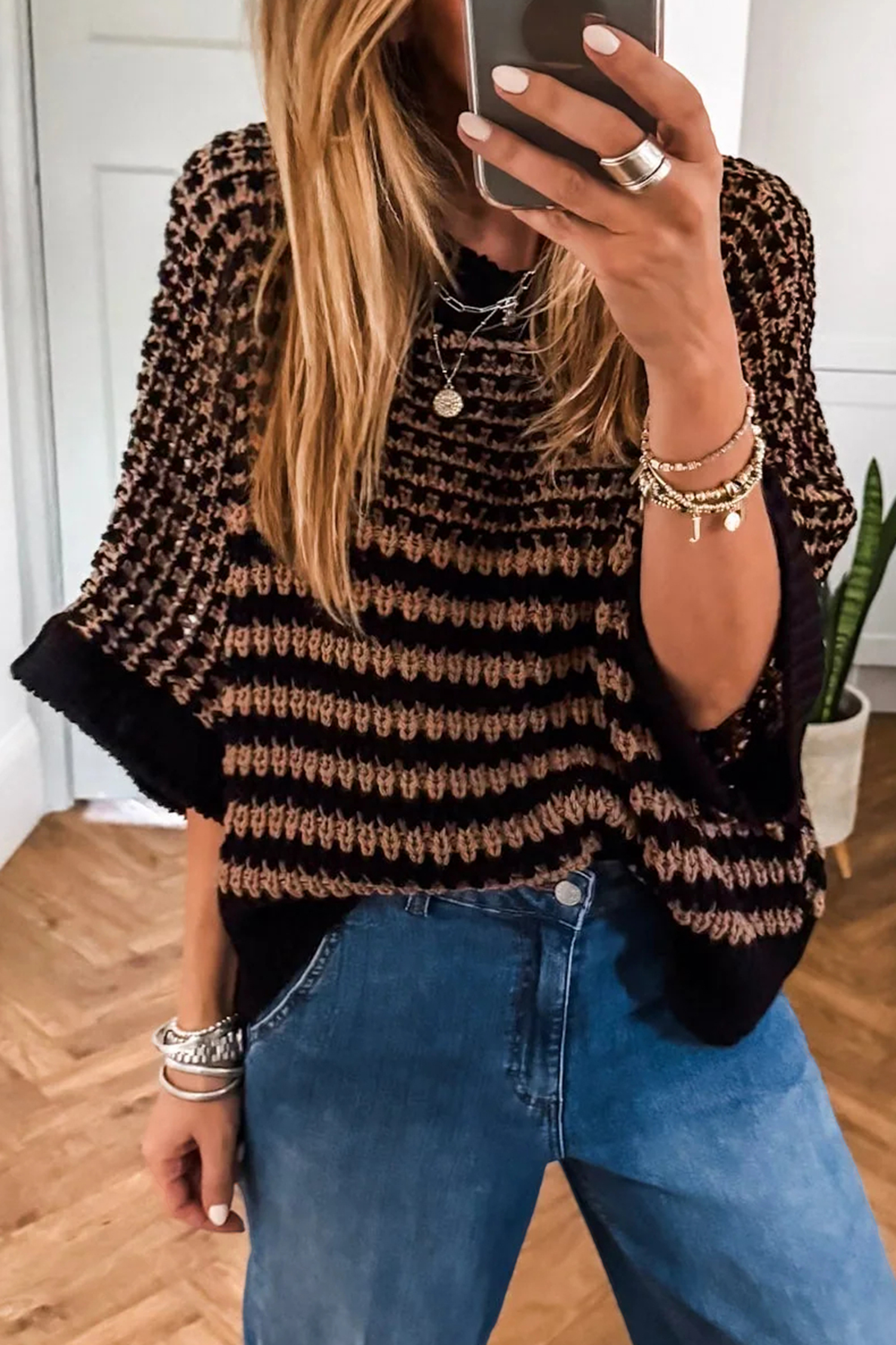 Black Stripe 3/4 Draped Sleeve Slouchy Sweater - loveforevers