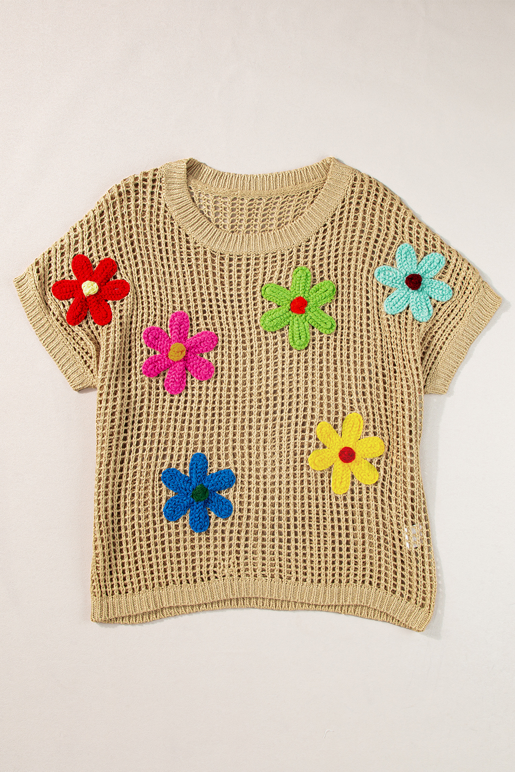 Light French Beige Crochet Flower Hollow-out Sweater T Shirt - loveforevers