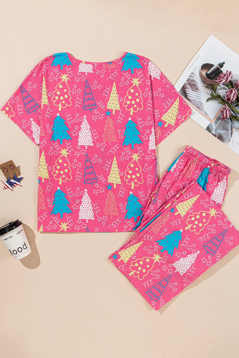 Rose Christmas Tree Print V Neck Tee and Pants Lounge Set - loveforevers