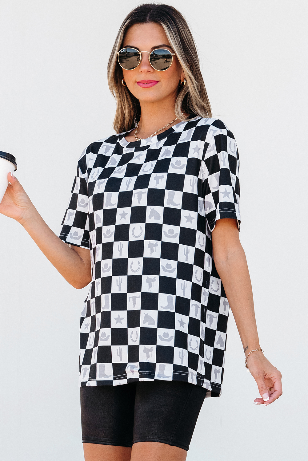 Black Western Fashion Checkerboard Print Side Split T Shirt - loveforevers
