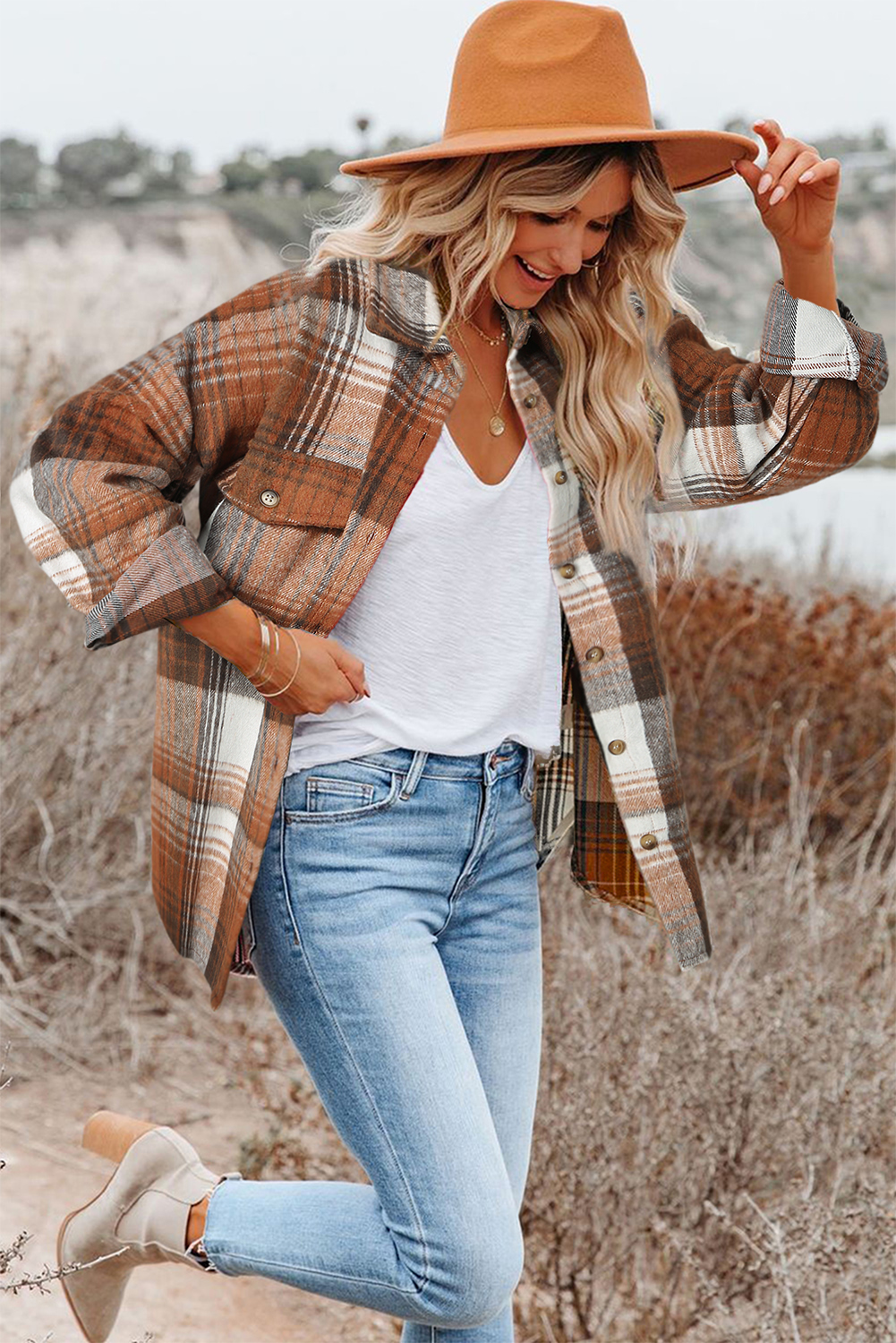 Brown Plaid Flap Pockets Shacket - loveforevers