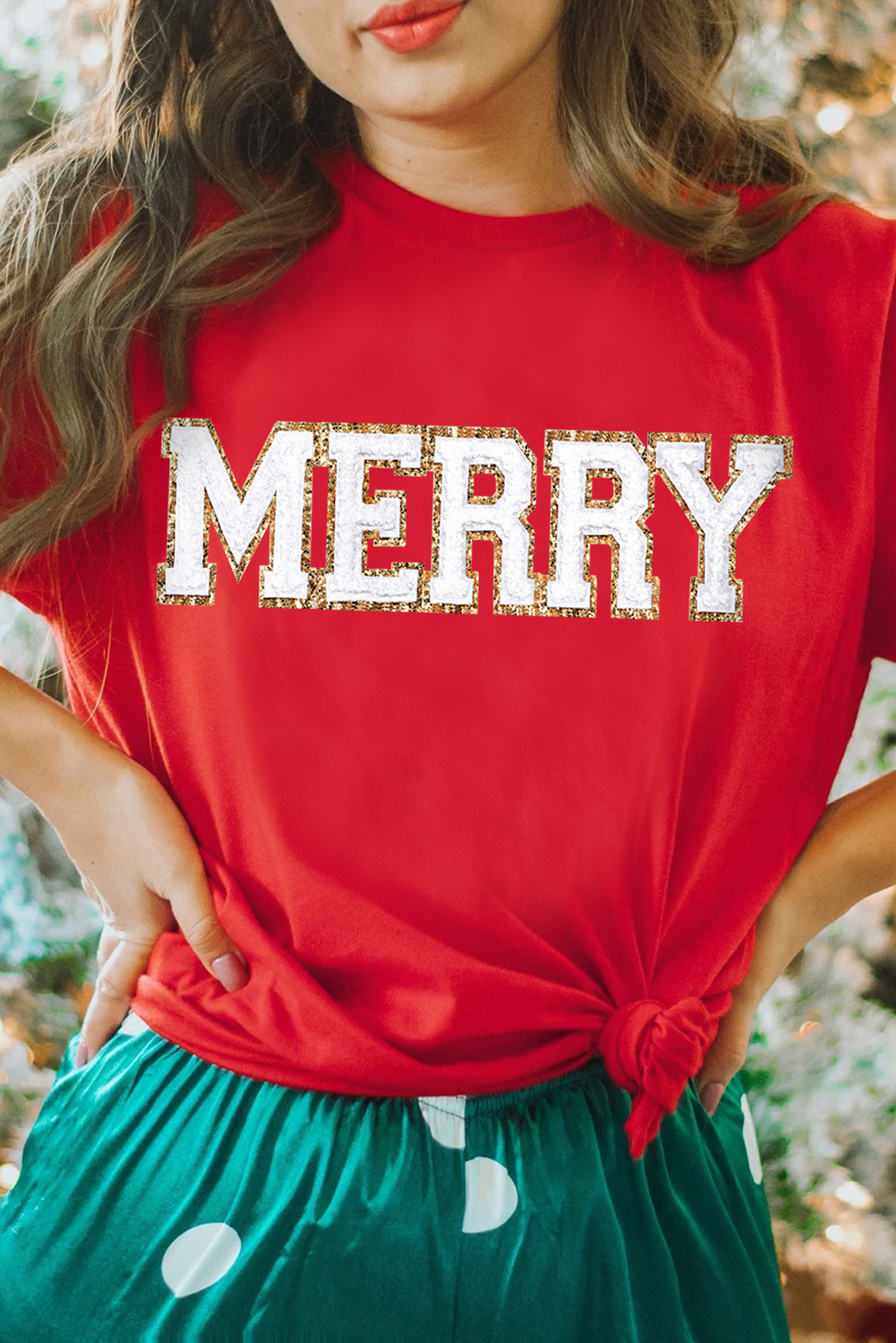 Red Christmas MERRY Graphic Cuffed Sleeve T Shirt - loveforevers