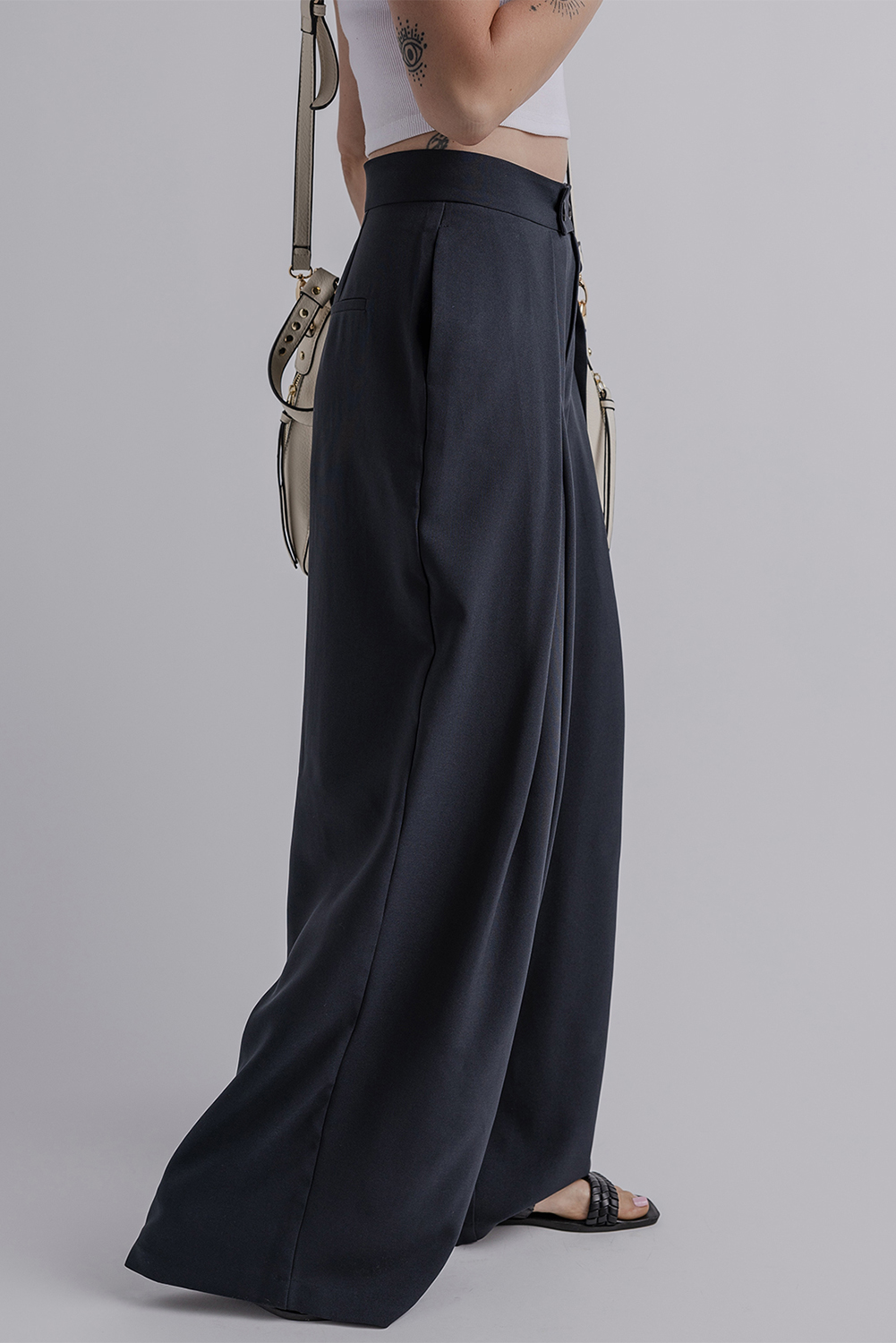 Dirty blue Dual Buttoned High Waist Pleated Wide Leg Pants - loveforevers