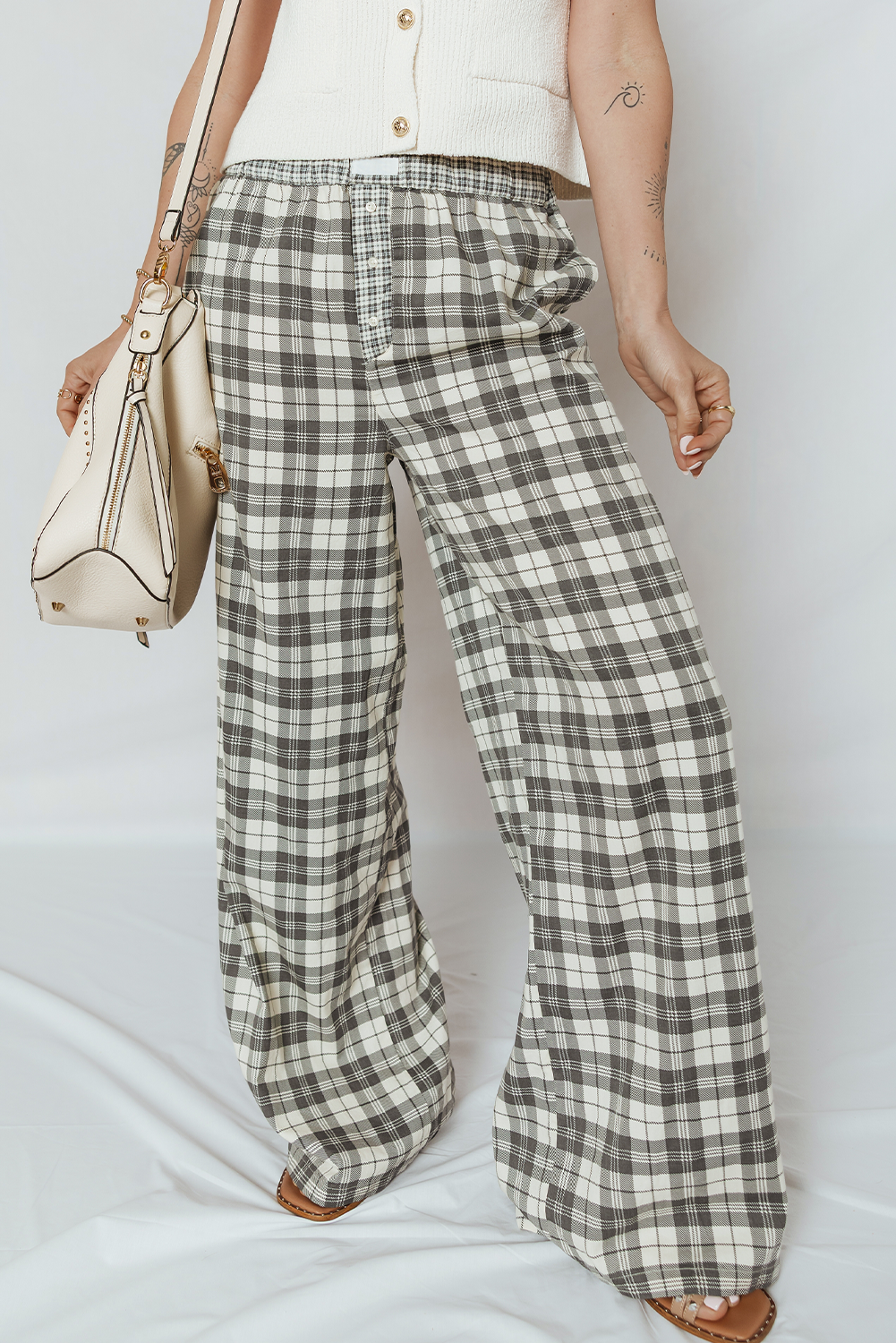 Gray Plaid Wide Leg Casual Pants - loveforevers