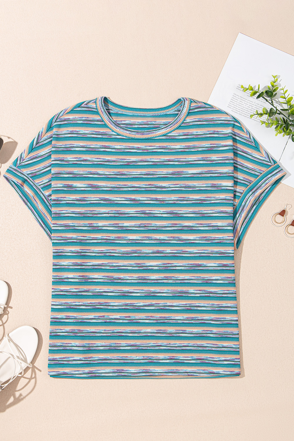 Multicolour Striped Wide Sleeve Loose T Shirt - loveforevers