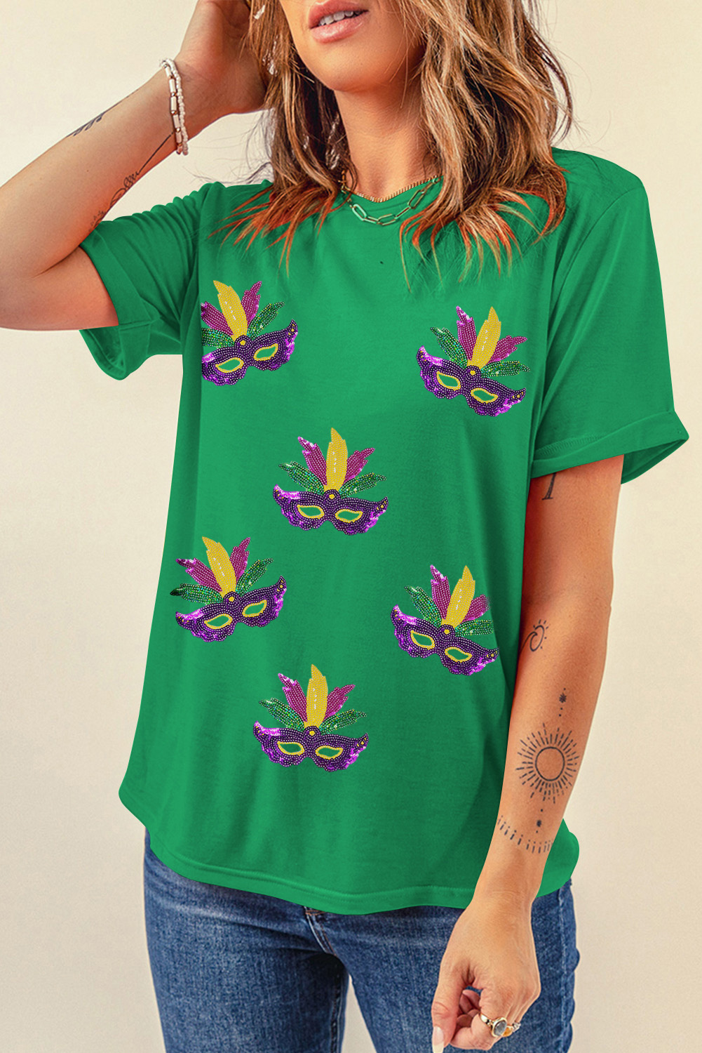 Bright Green Glitter Mardi Gras Mask Graphic T Shirt - loveforevers