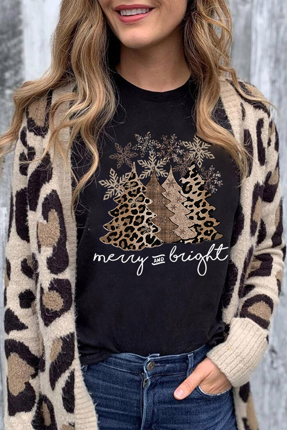 Black Leopard Christmas Tree Graphic Crew Neck T Shirt - loveforevers
