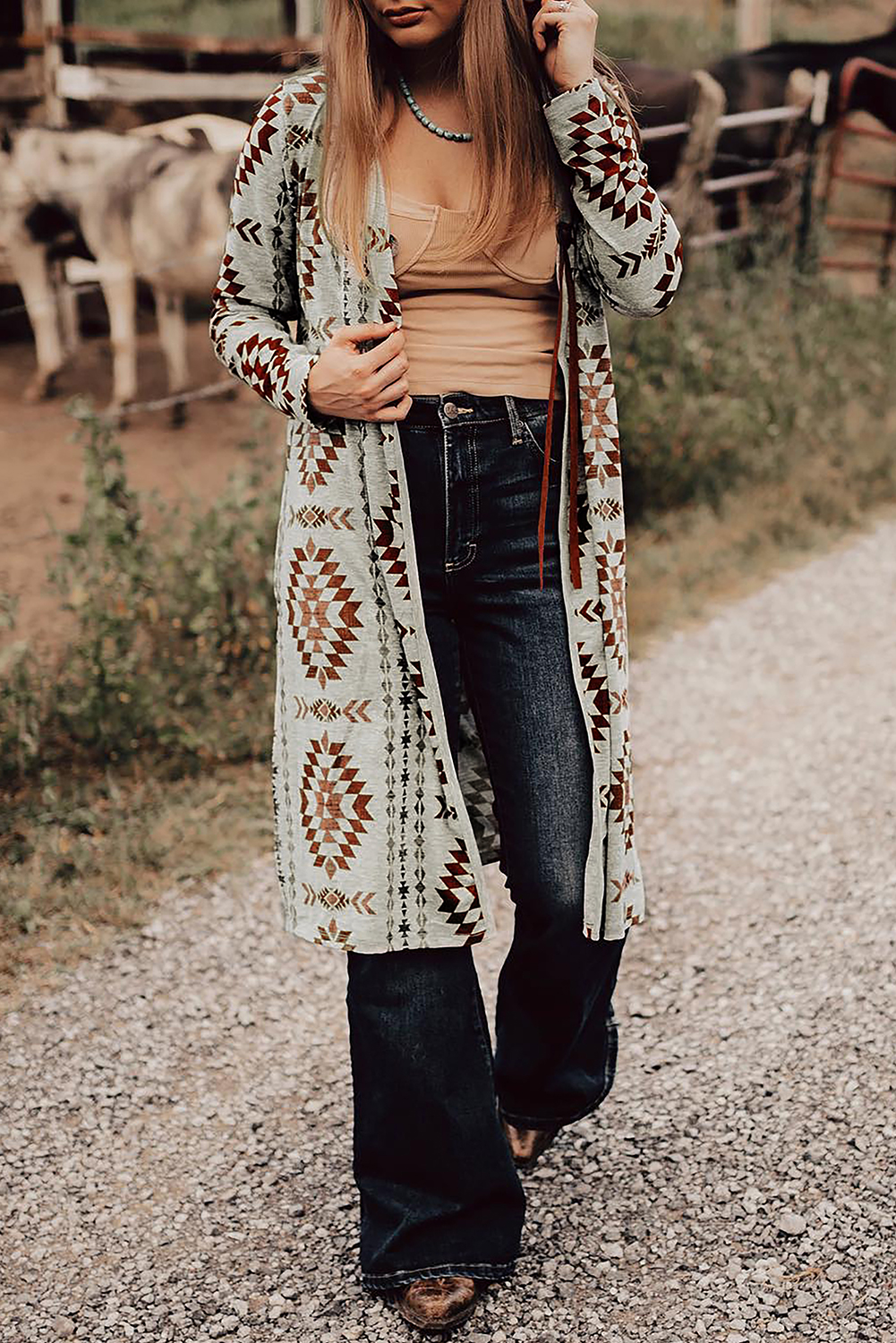 Brown Western Aztec Printed Open Front Long Cardigan - loveforevers