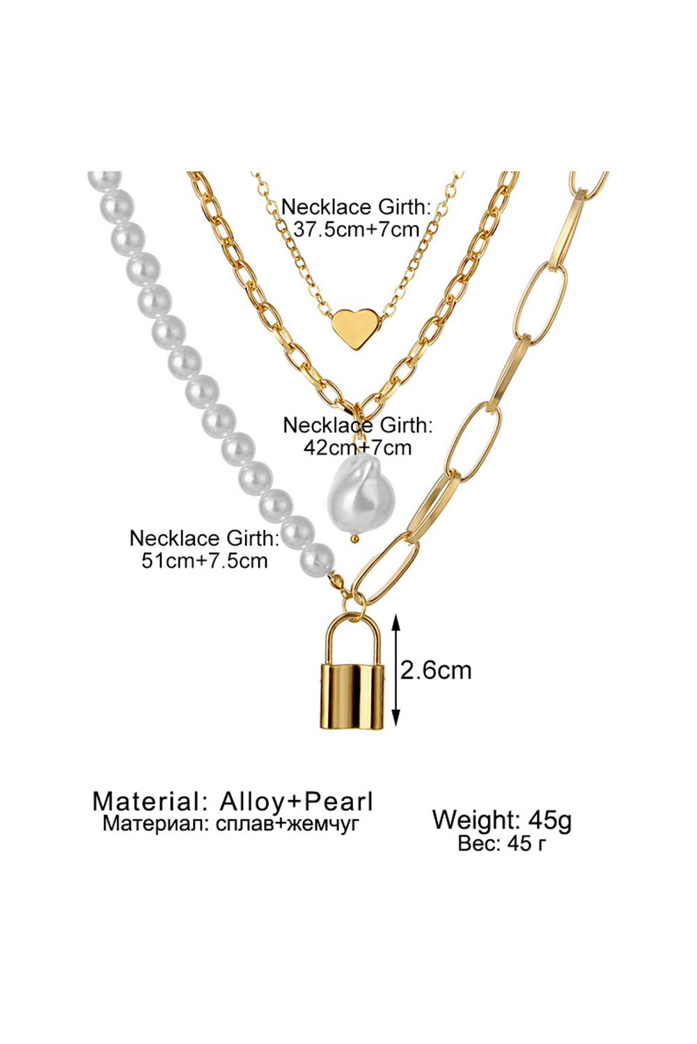 Gold Plated Heart Lock Baroque Pearl Multi Layer Necklace - loveforevers