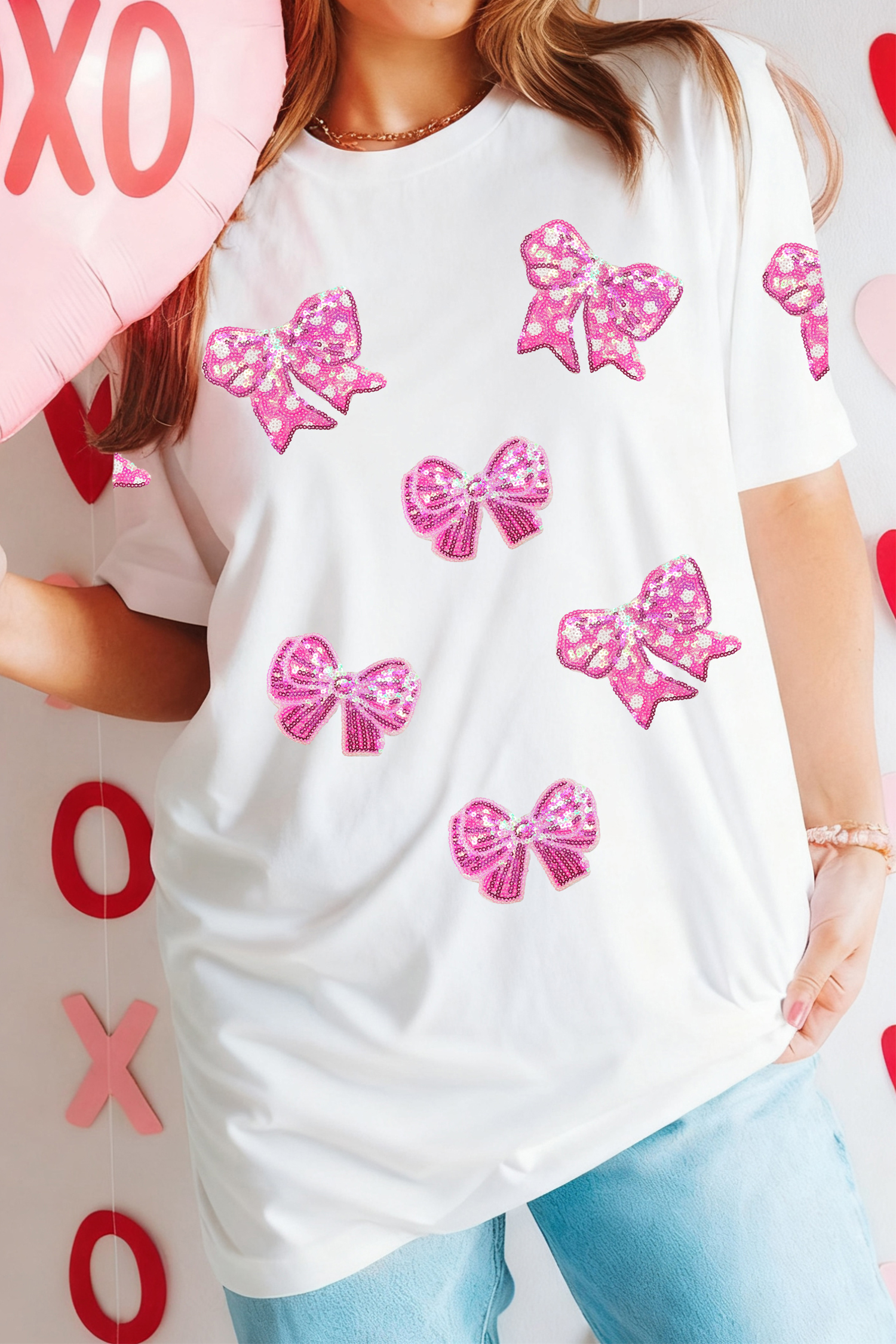 White Shimmering Bow Patched Pattern Valentine T Shirt - loveforevers