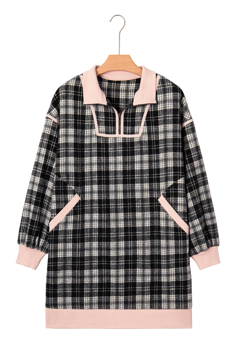 Black Plaid Polo Collar Zip up Contrast Trim Shift Long Sleeve Mini Dress - loveforevers