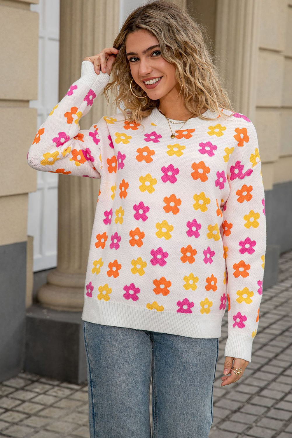 Apricot Cute Flower Allover Ribbed Trimmed Drop Shoulder Pullover Sweater - loveforevers