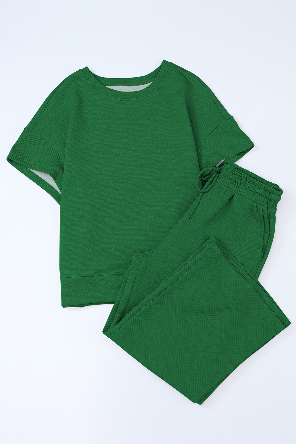 Dark Green Textured Loose Fit T Shirt and Drawstring Pants Set - loveforevers