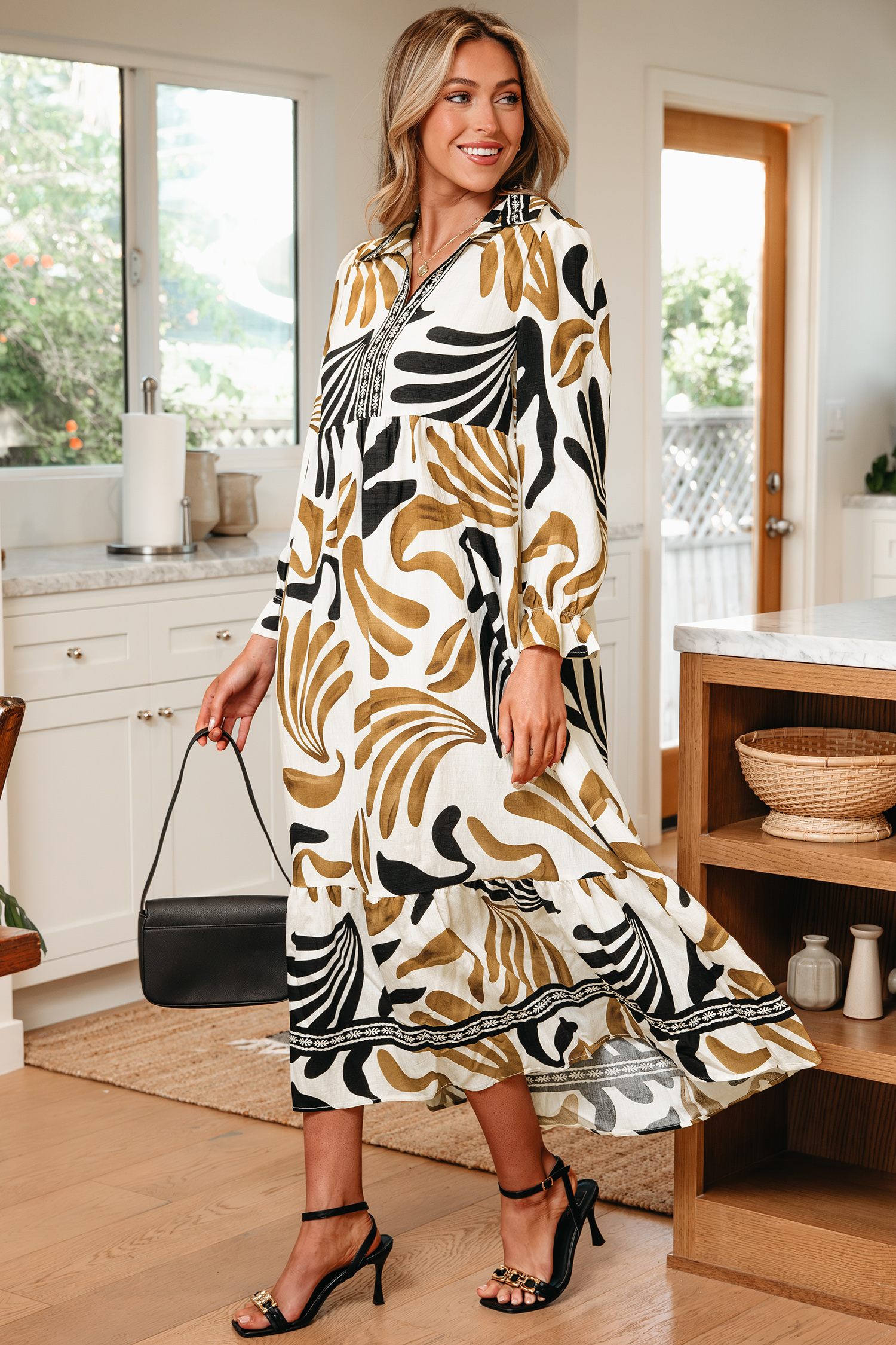 Brown Tropical Printed Contrast Trim Neck Long Sleeve Ruffle Hem Dress - loveforevers