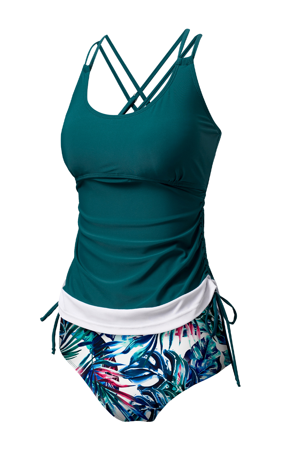 Sea Green Drawstring Tummy Control Mix-and-match 2pcs Tankini Swimsuit - loveforevers