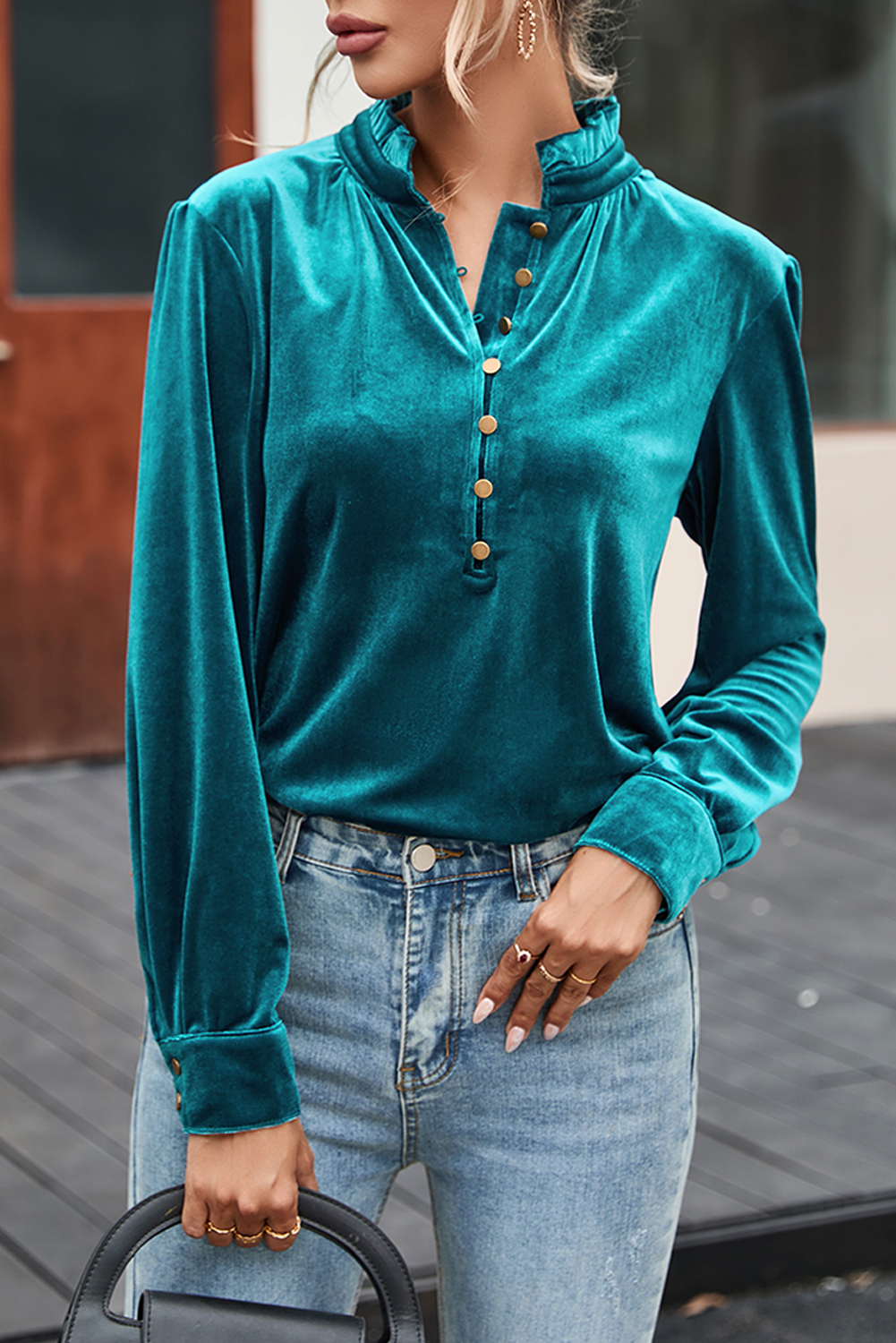 Burgundy Frilled Neck Buttoned Front Velvet Top - loveforevers