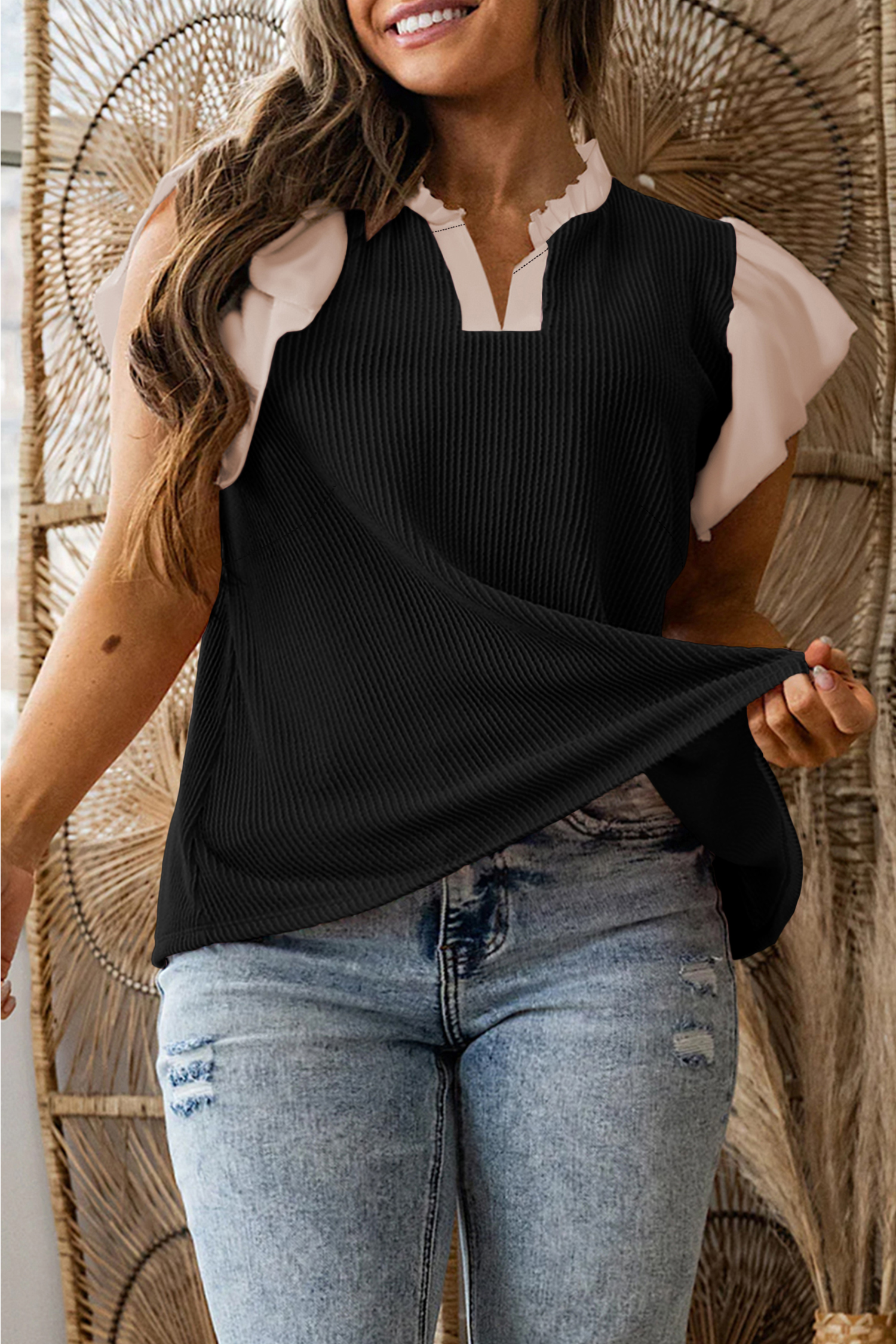 Black Plus Size Contrast Frilled Neckline Ruffled Short Sleeve Ribbed Textured Blouse - loveforevers