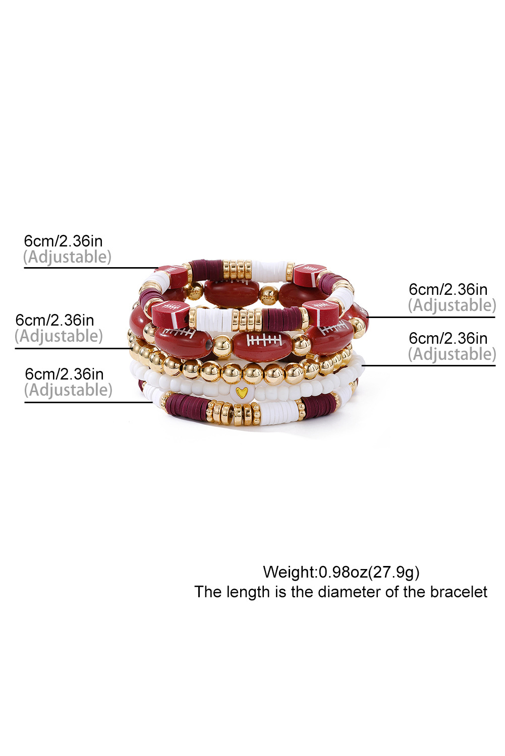 Red Dahlia 5pcs Football Beading Elastic Bracelet Set - loveforevers