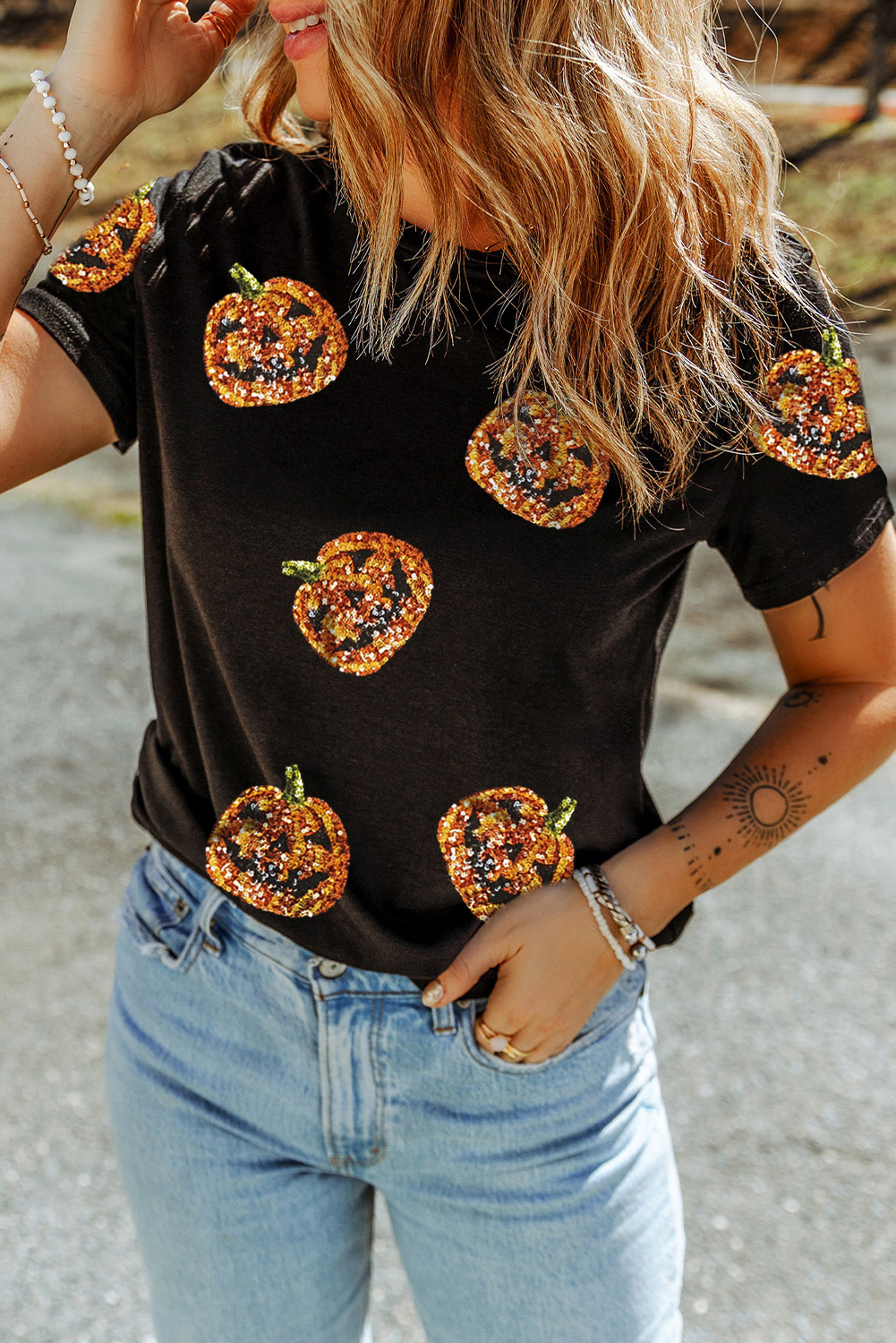 Black Sequin Pumpkin Face Halloween T Shirt - loveforevers