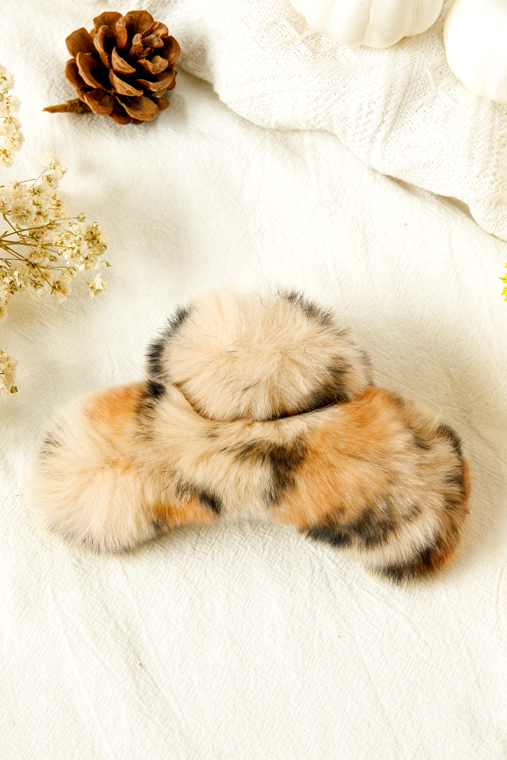 Thai Curry Leopard Fluffy Plush Cony Fur Hair Claw Clip - loveforevers