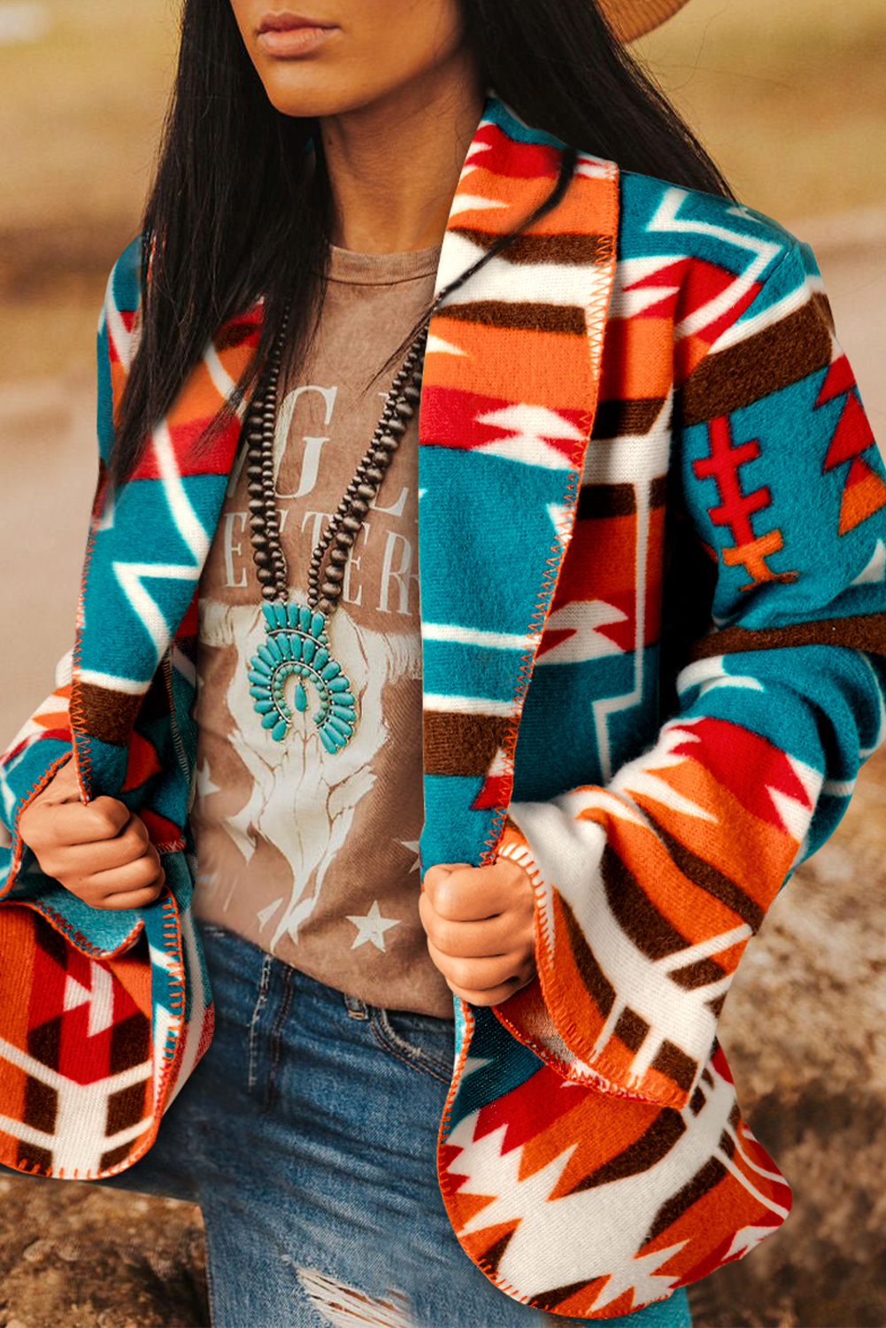 Sky Blue Aztec Printed Lapel Bell Sleeve Jacket - loveforevers