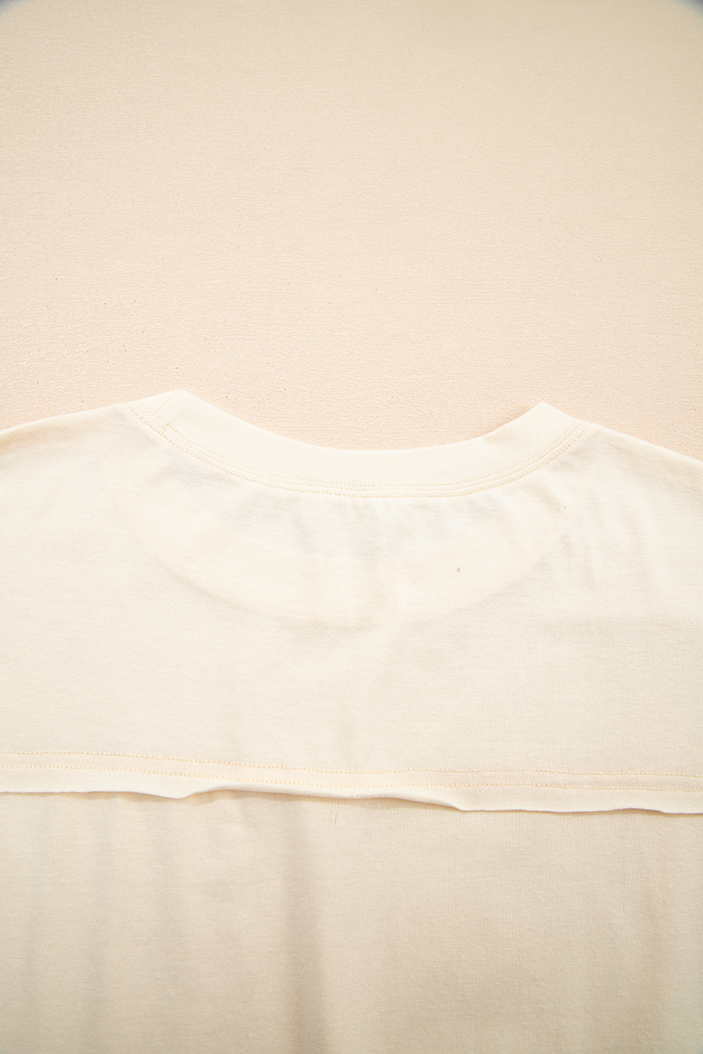 Apricot Flower Patched Exposed Stitching Trim Crew Neck Loose Tee - loveforevers