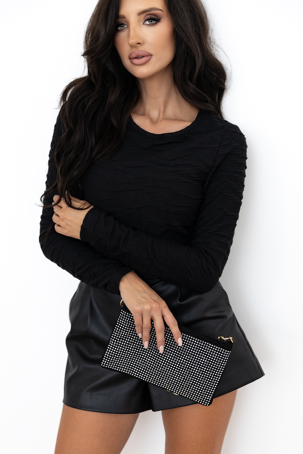Black Solid Wavy Textured Slim Fit Long Sleeve T Shirt - loveforevers