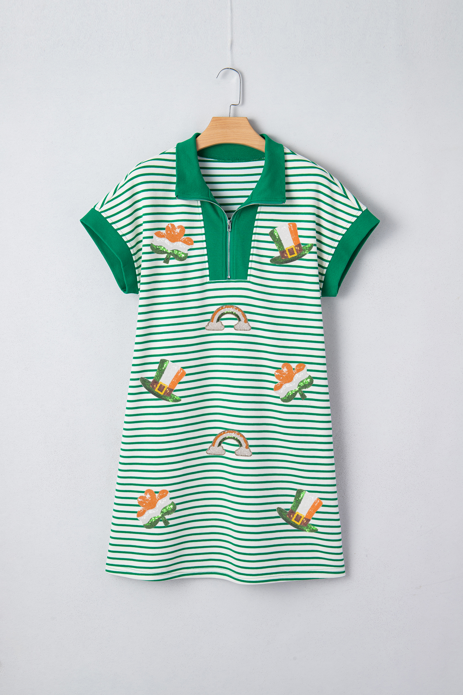 Green Stripe Magic St Patricks Day Sequin Graphic Zip Polo Tee Dress - loveforevers