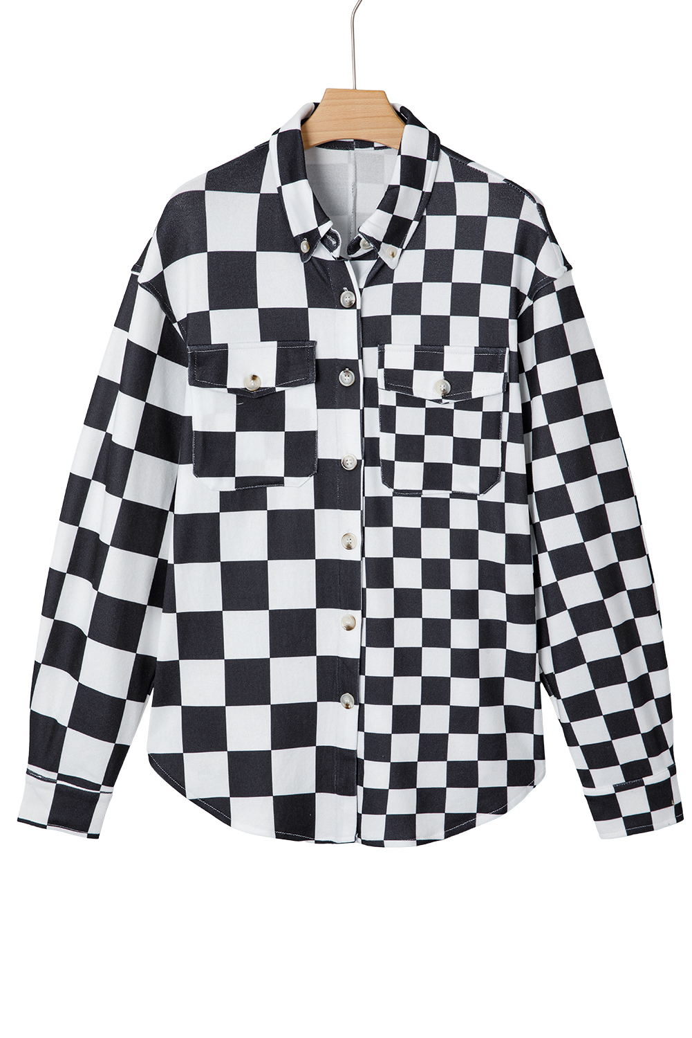 Khaki Checkerboard Flap Pocket Button Front Shacket - loveforevers