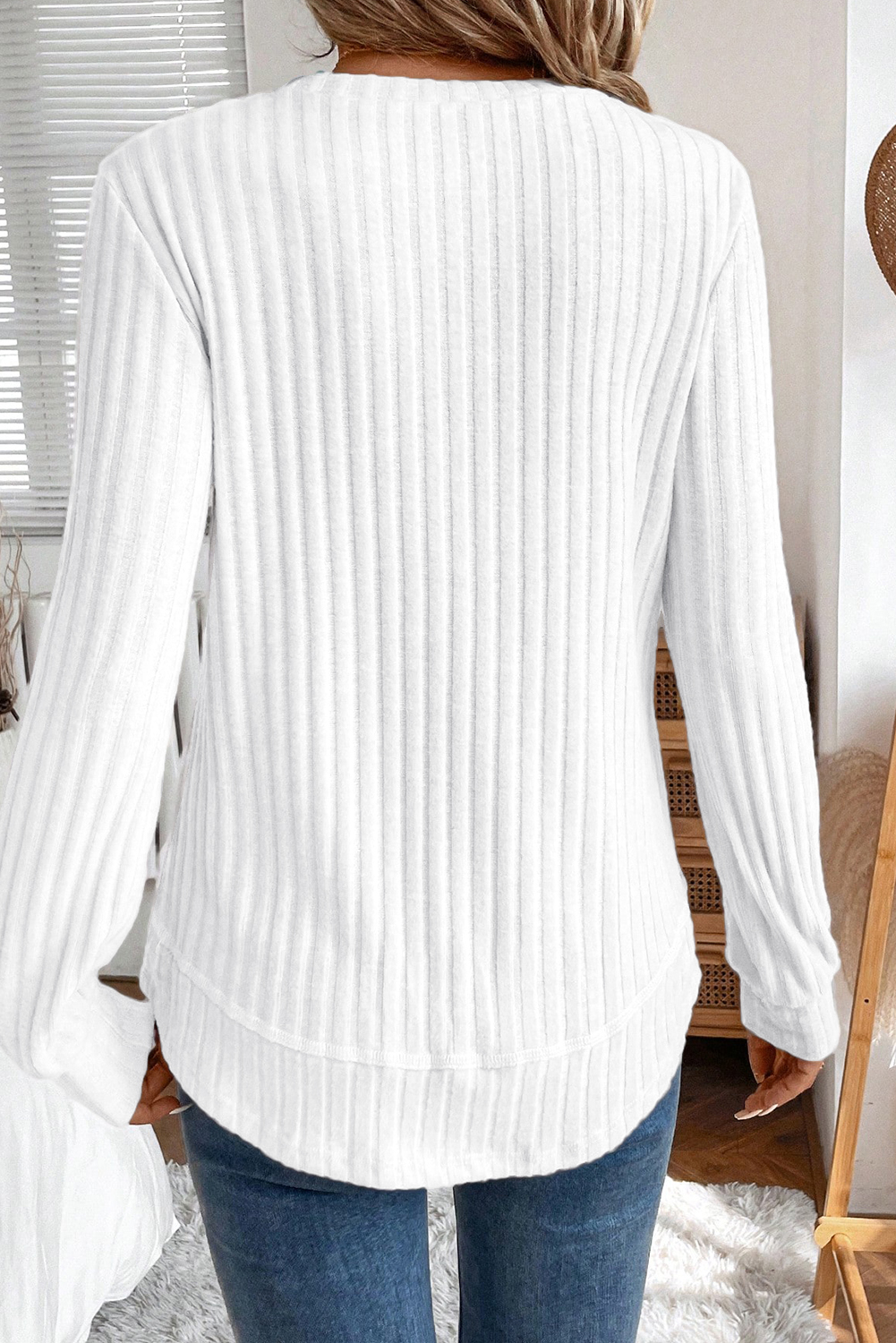 White Ribbed Texture Round Neck Long Sleeve Rounded Hem Knit Top - loveforevers