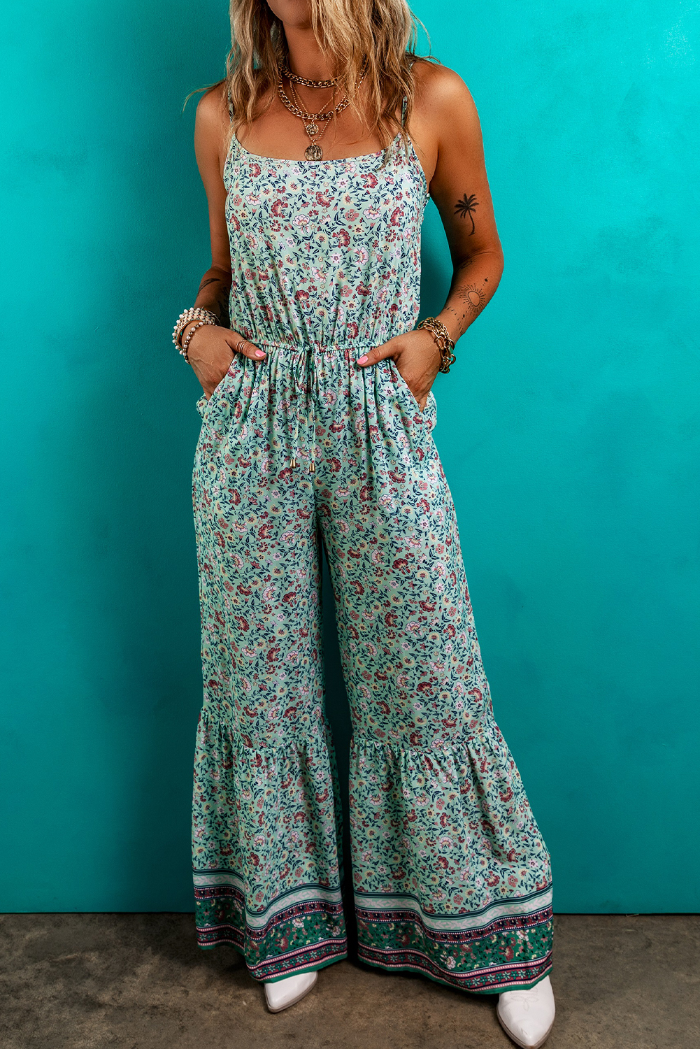 Green Bohemian Floral Ruffle Bottom Spaghetti Strap Jumpsuit - loveforevers