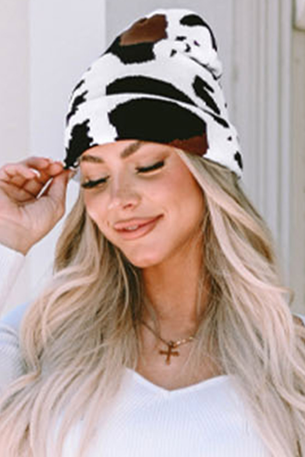 Black Cow Spots Printed Warm Beanie Hat - loveforevers