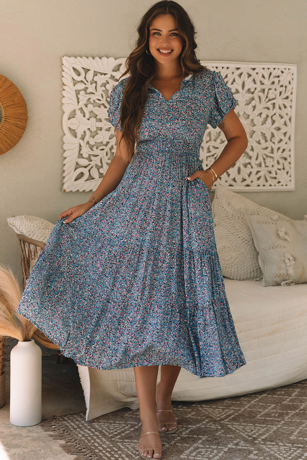 Blue Printed V Neck Shirred Short Puff Sleeve Maxi Dress - loveforevers