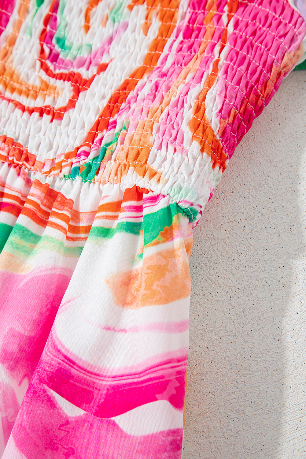 Pink Abstract Print Ruffled Sleeve Smocked Bust Maxi Dress - loveforevers