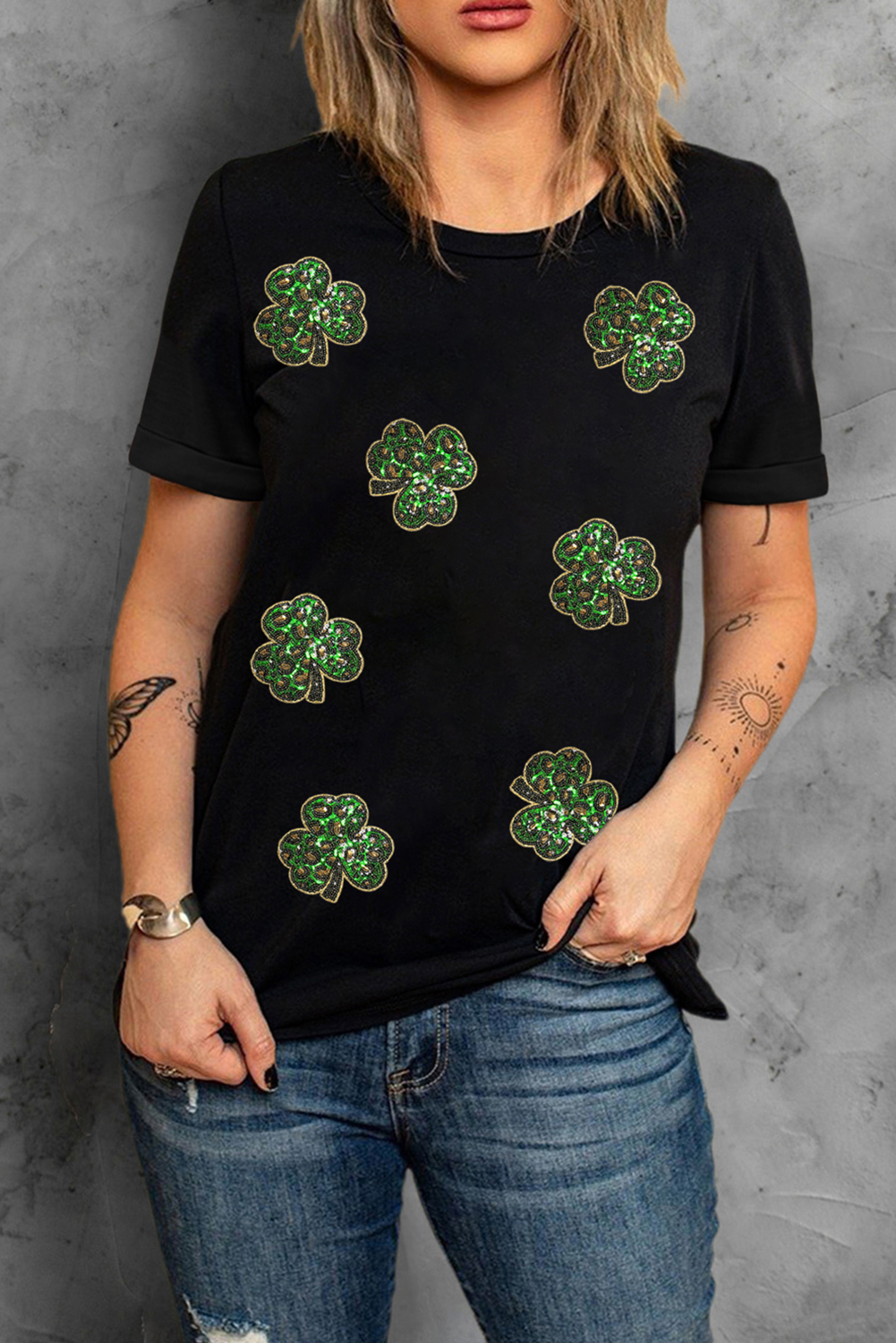 Black Sequin Leopard Clover Graphic Crewneck St Patrick Tee - loveforevers