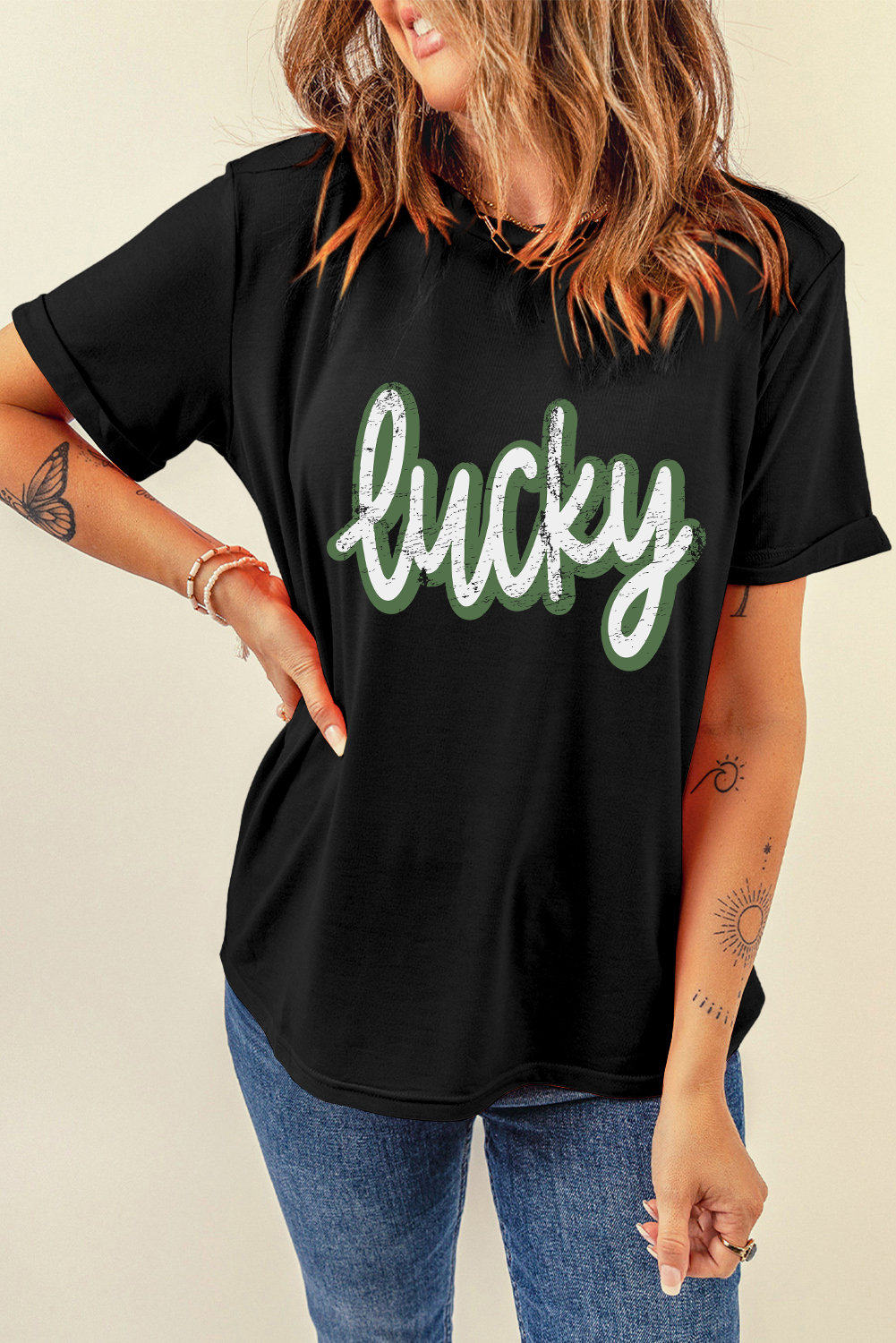 Black St Patricks Day lucky Cracked Letter Graphic T Shirt - loveforevers