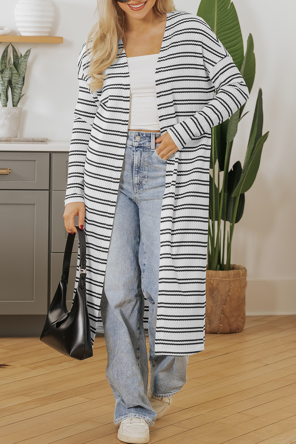 Black Stripe Print Open Front Duster Cardigan - loveforevers