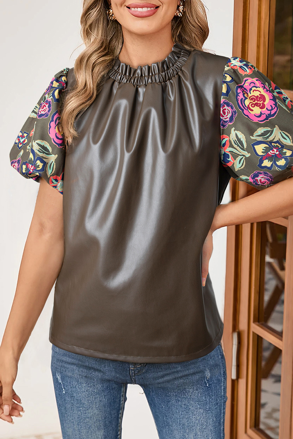 Four Leaf Clover Floral Bubble Sleeve Patchwork Leatherette Frilled Round Neck Blouse - loveforevers