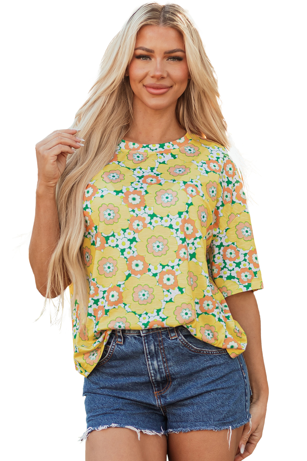 Yellow Summer Flower Printed Drop Shoulder Loose T Shirt - loveforevers