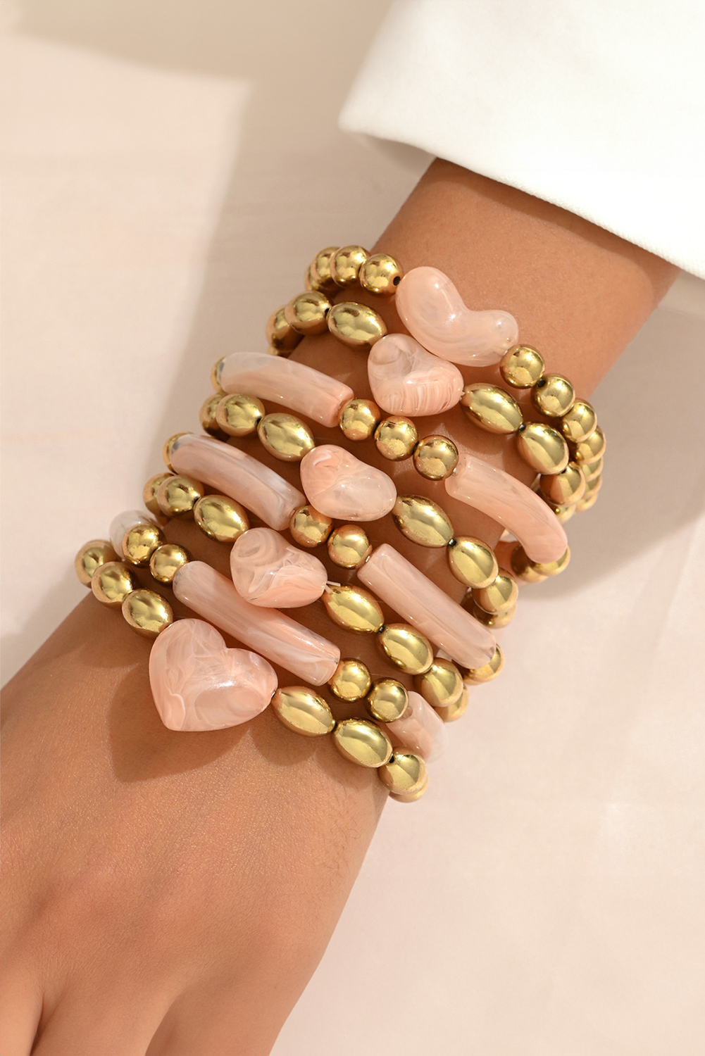 Gold Plated Bead Acrylic Detail 3D Heart Accent 8pcs Bracelet Set - loveforevers