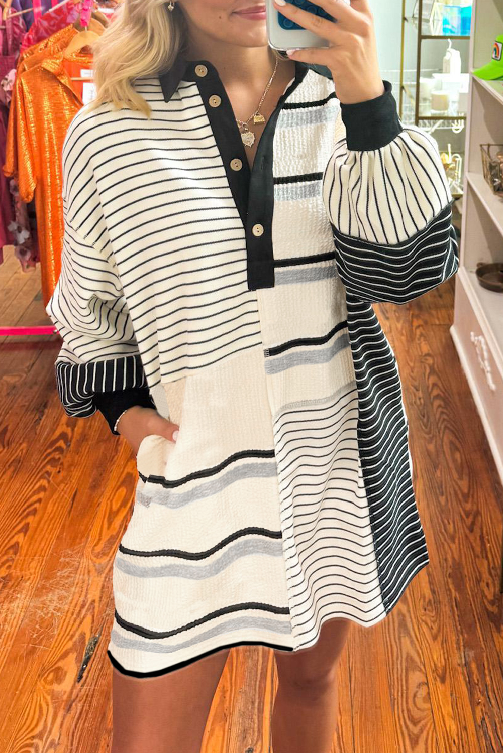 Black Stripe Colorblock Knit Henley Collar Shift Long Sleeve Mini Dress - loveforevers