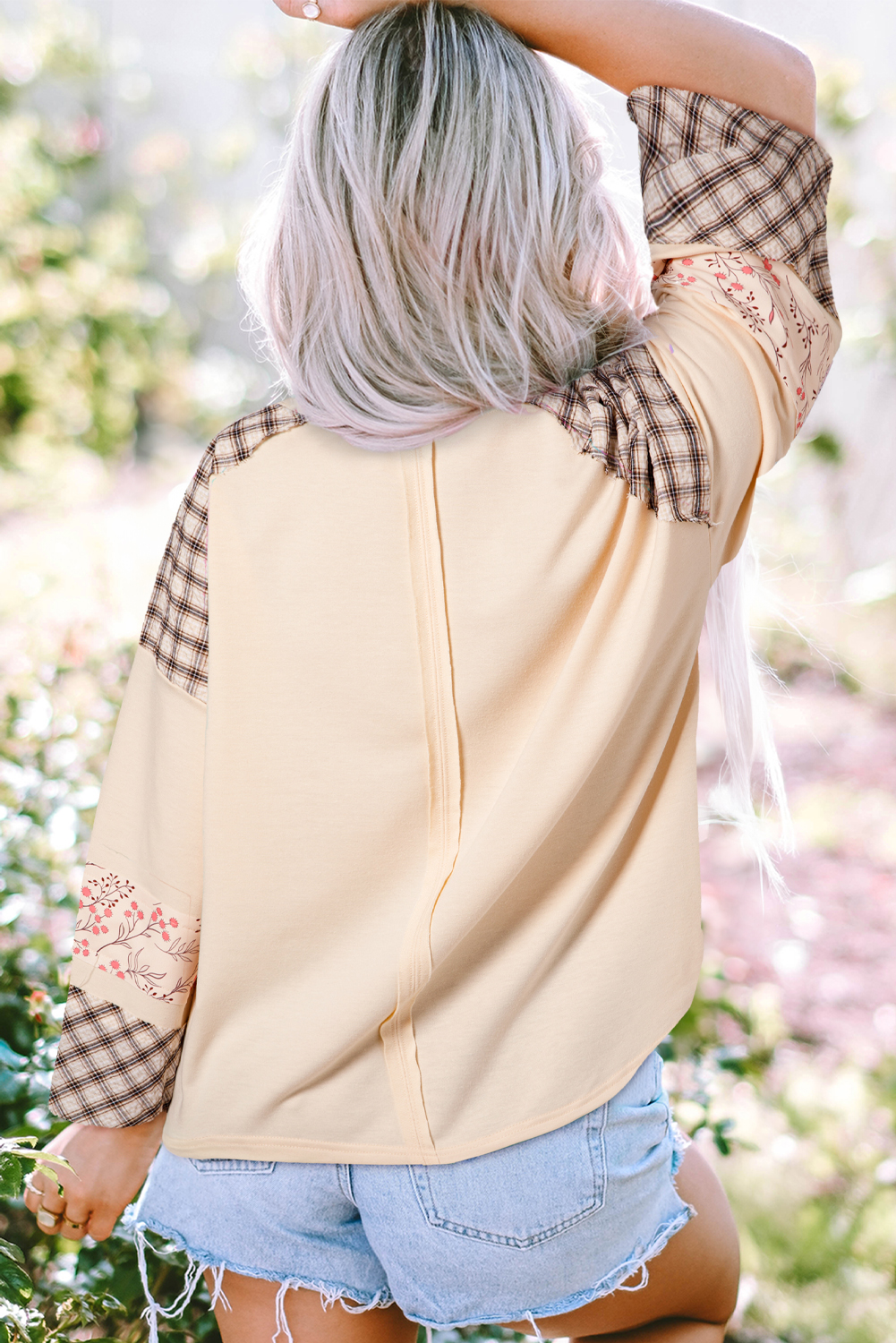 Beige Flower Patch Graphic Exposed Seam Wide Sleeve Top - loveforevers
