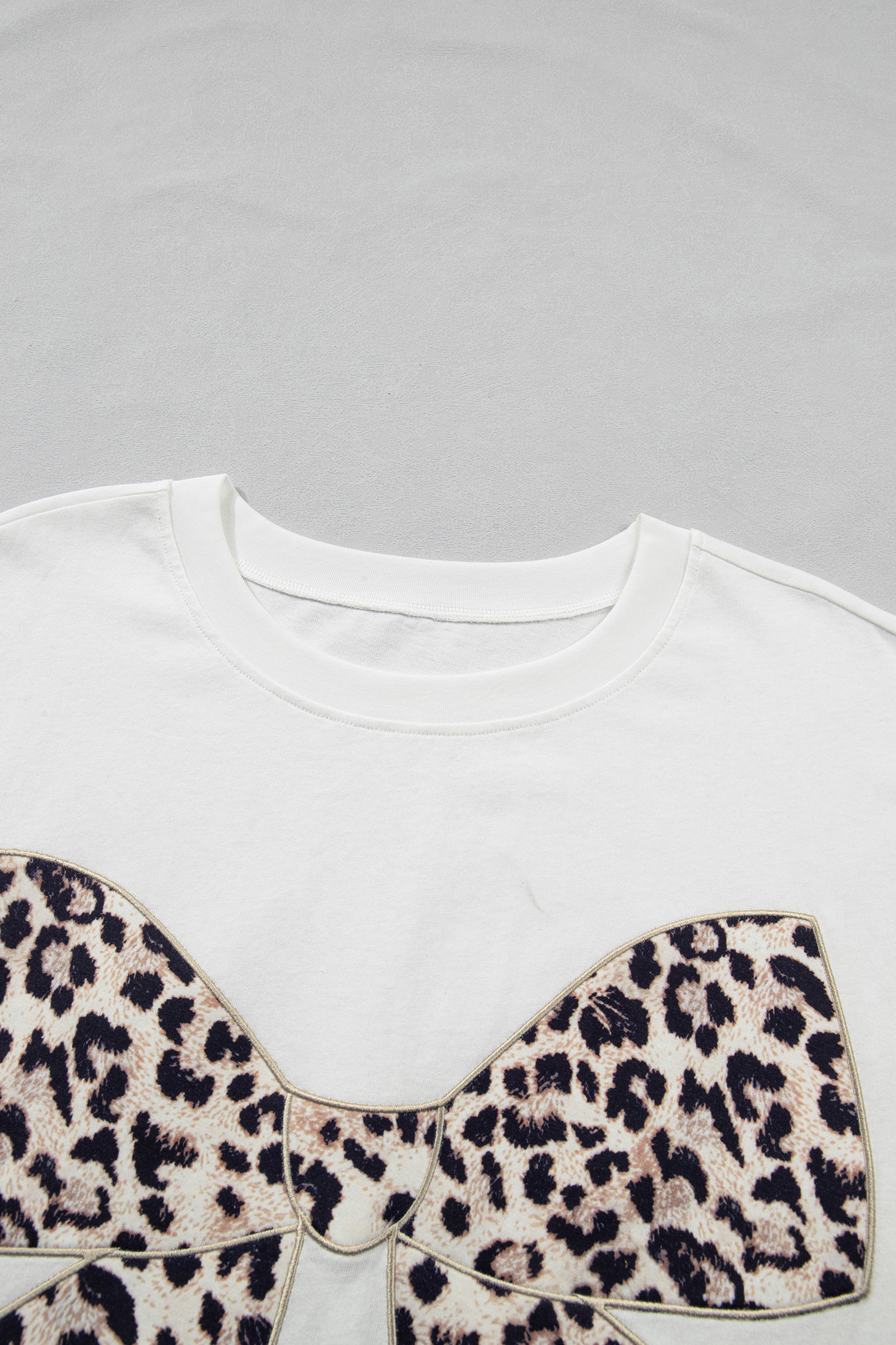 Pink Leopard Bow Embroidered Cotton Round Neck T Shirt - loveforevers
