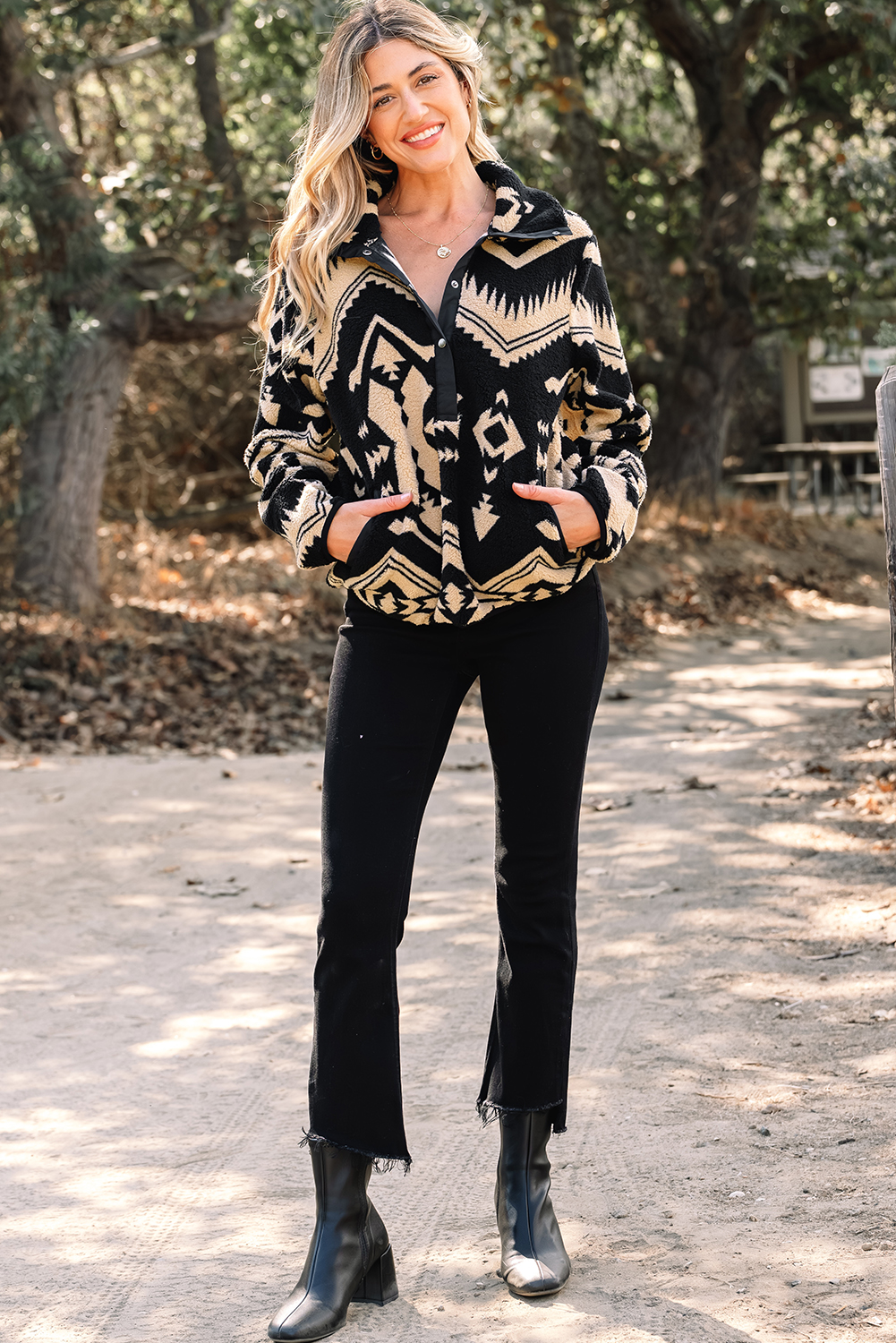 Black Western Aztec Half Placket Plush Sweatshirt - loveforevers