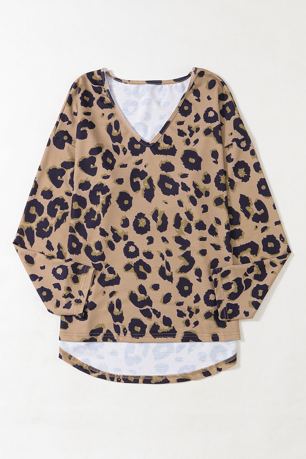 Brown Leopard Split Joint V Neck Long Sleeve Tops - loveforevers